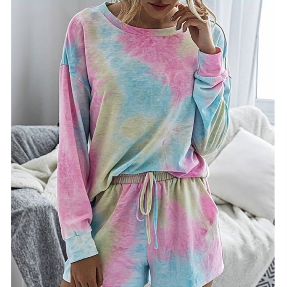 Pink & Blue Tie Dye Lounge Top and Short Set - Picture 3 of 5